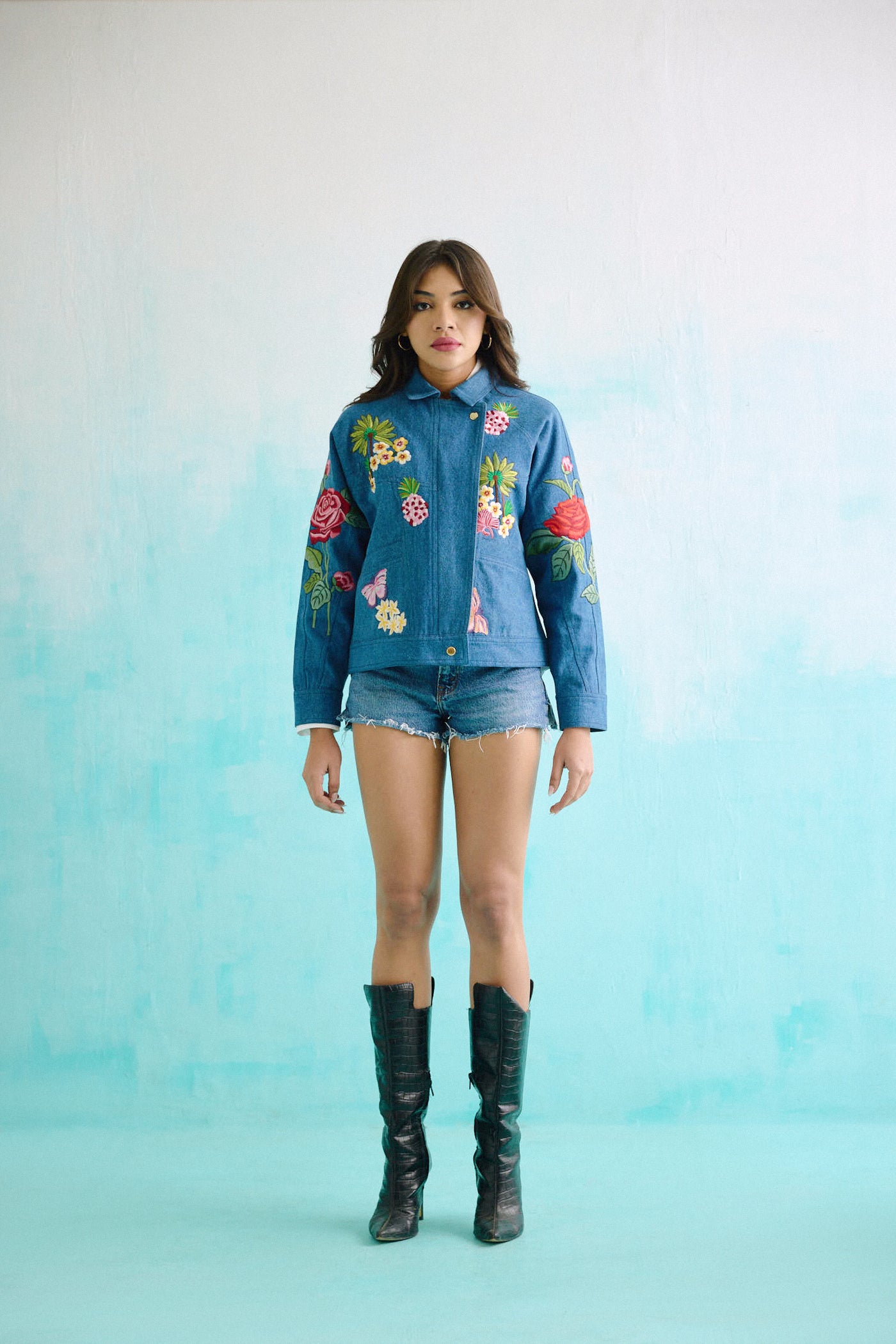 Denim Embroidered Floral Biker Jacket