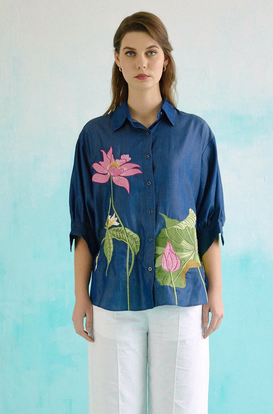 Denim Lotus Oversized Embroidered Shirt