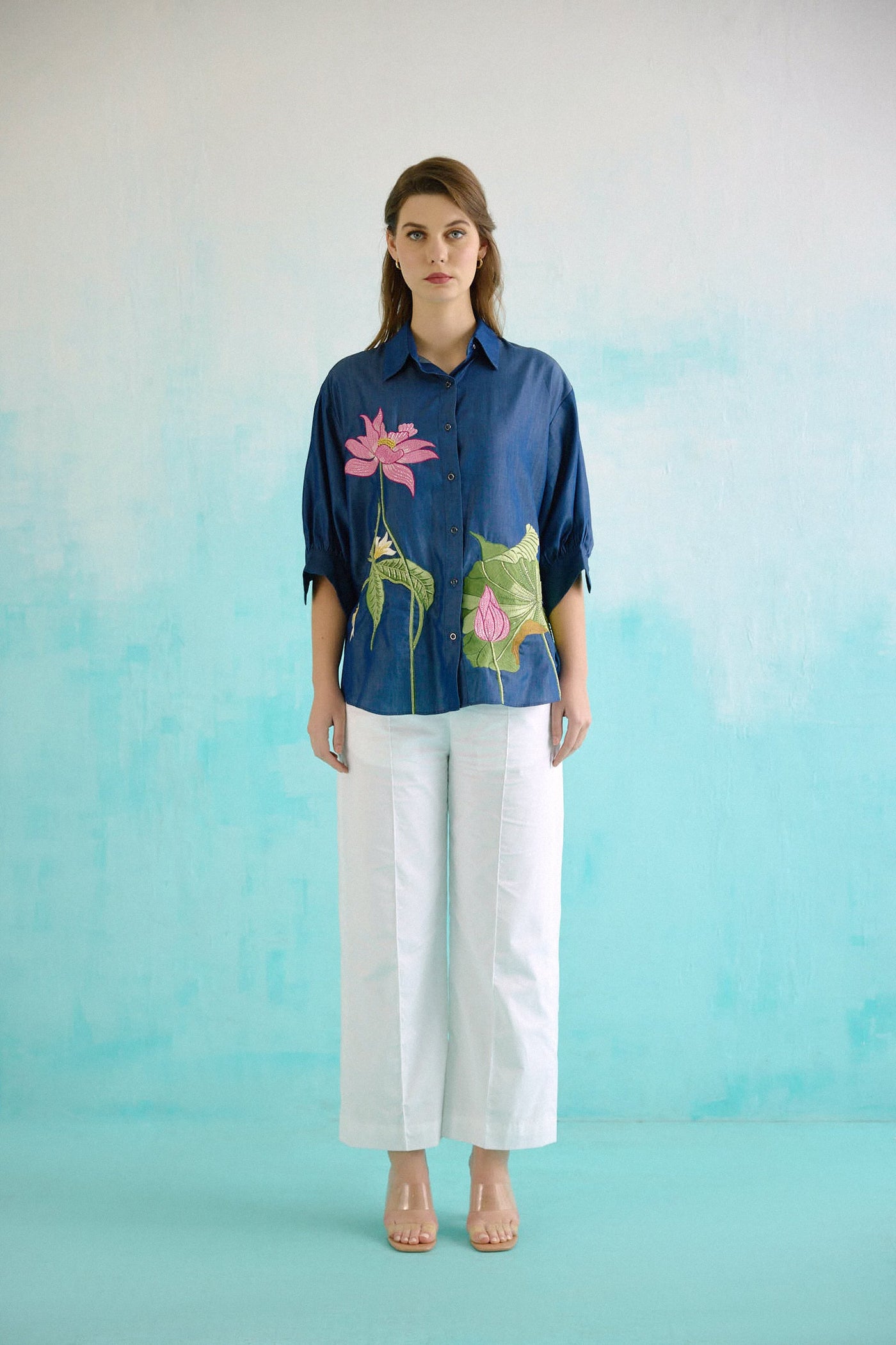 Denim Lotus Oversized Embroidered Shirt