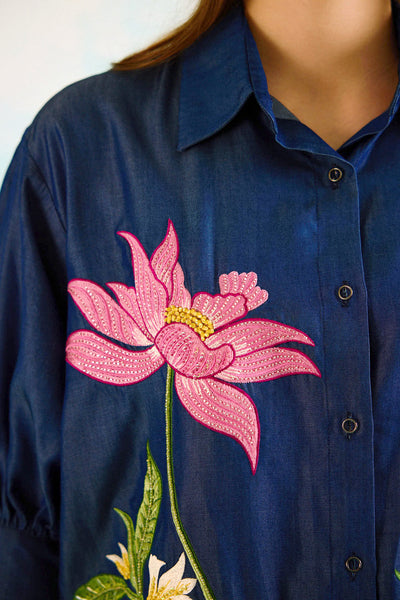 Denim Lotus Oversized Embroidered Shirt