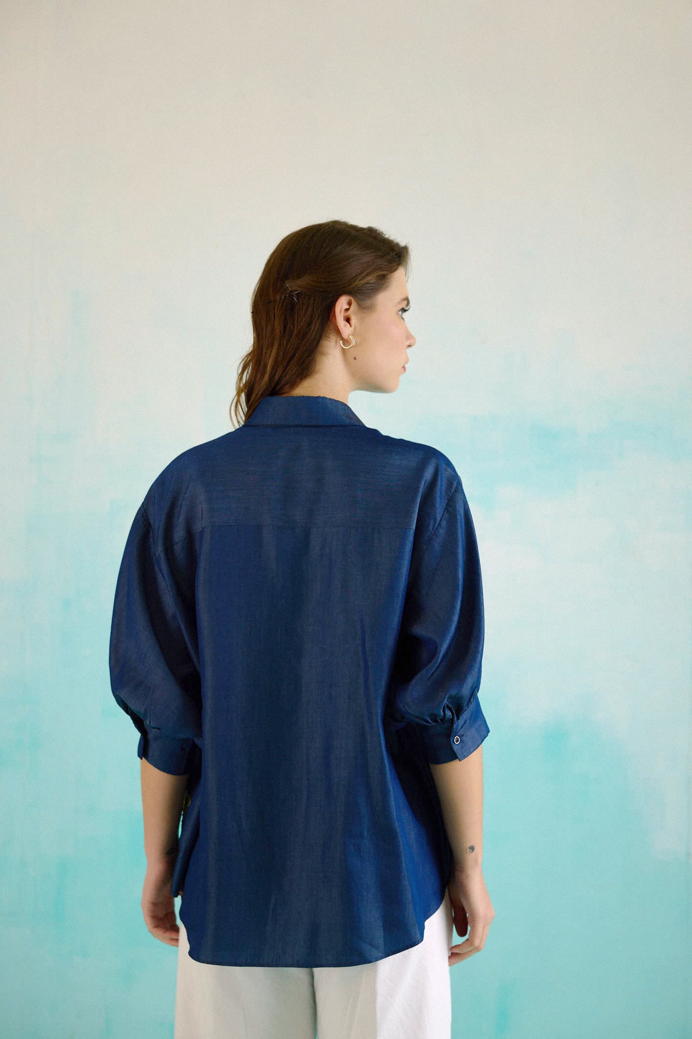 Denim Lotus Oversized Embroidered Shirt