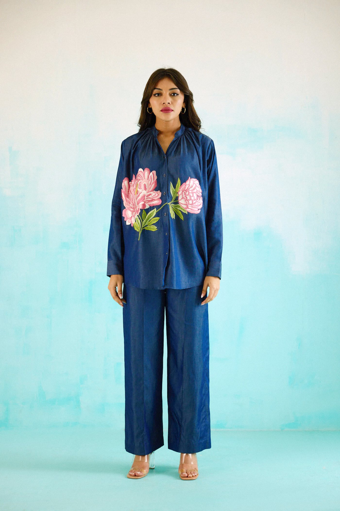 Denim Peony  Gathered Embroidered Shirt