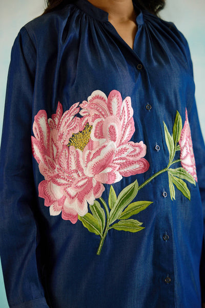 Denim Peony  Gathered Embroidered Shirt