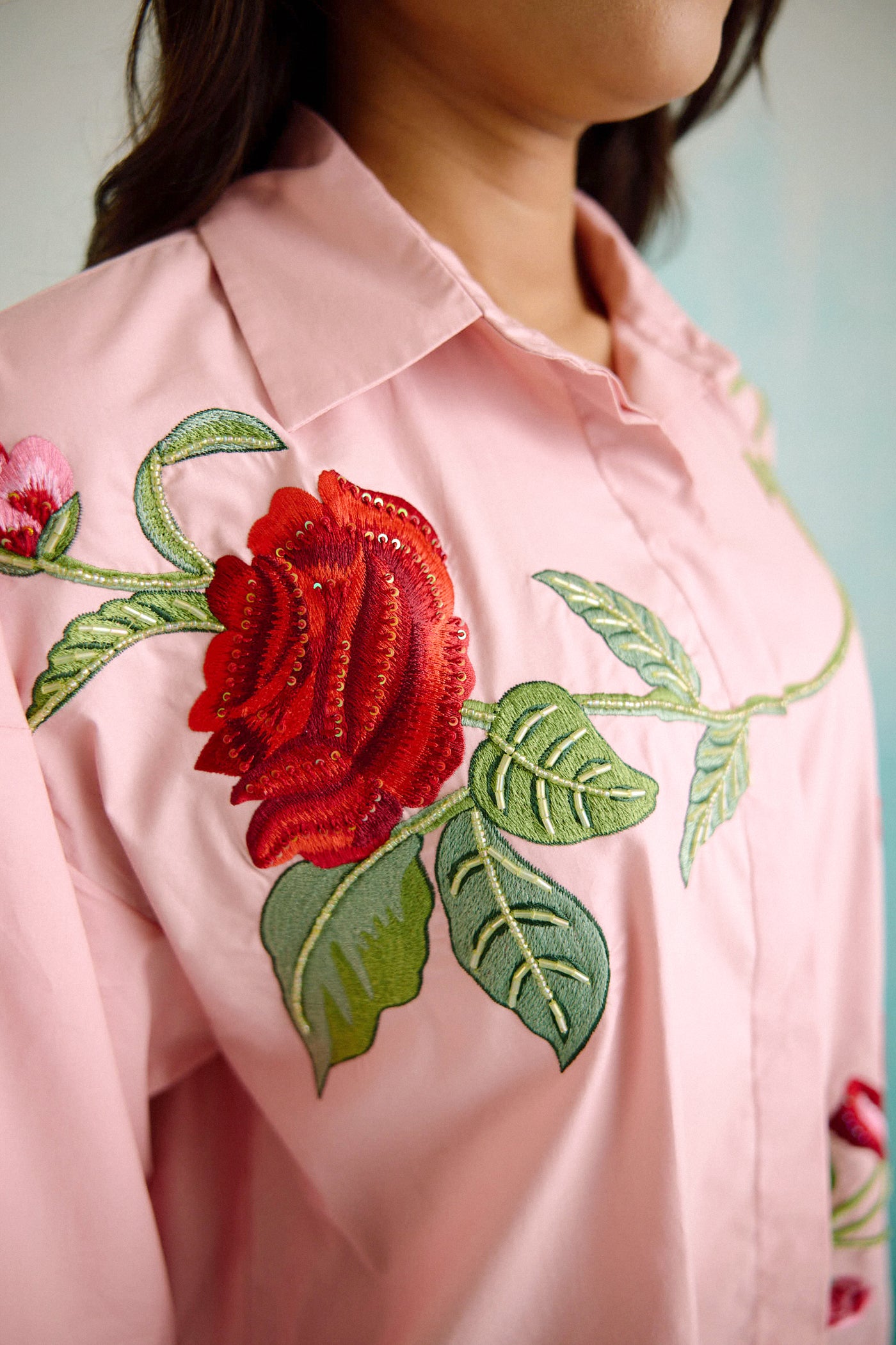 Blush Pink Oversized Embroidered Shirt