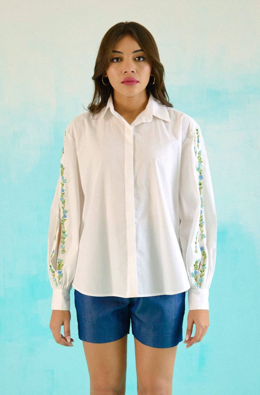 White hand embroidered blue sequins upbeat shirt