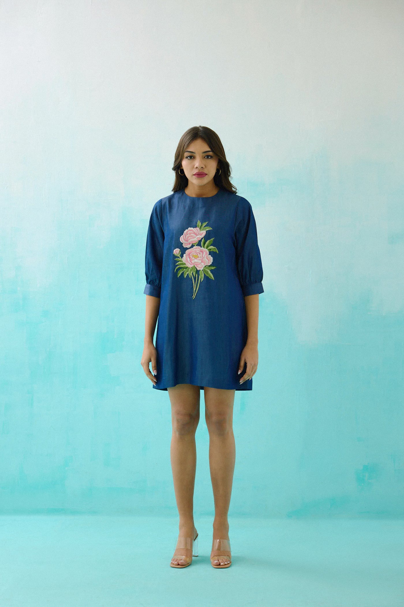 Denim Peony Shift Embroidered Dress