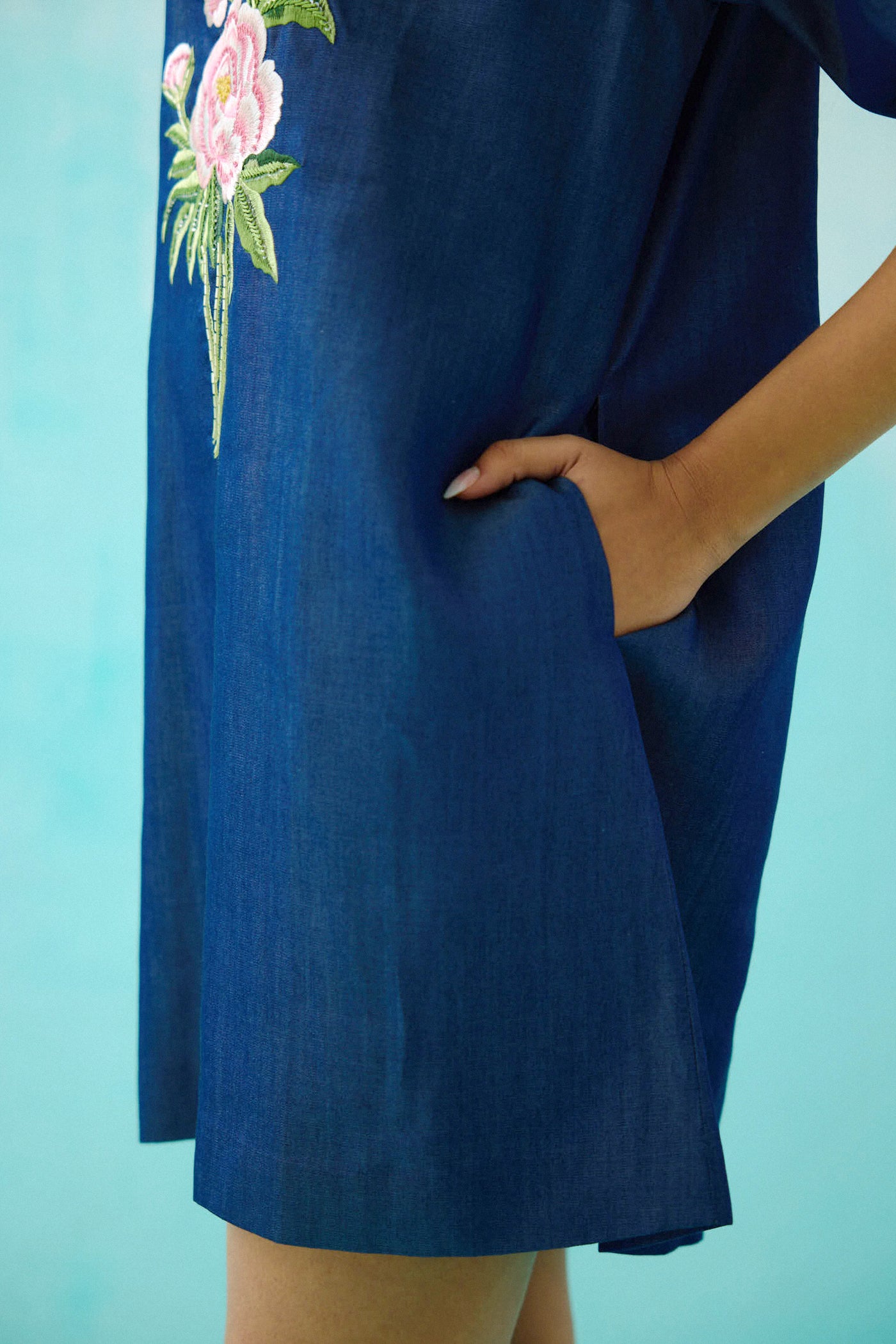 Denim Peony Shift Embroidered Dress