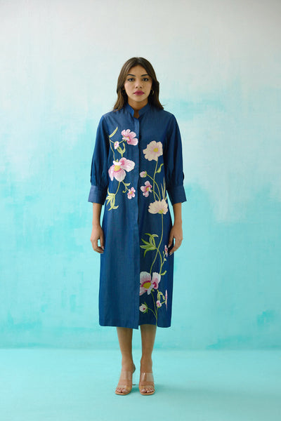 Denim Floral Embroidered Shirt Dress