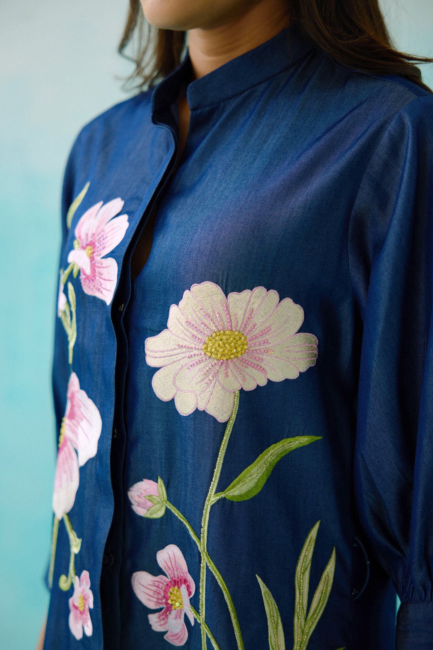 Denim Floral Embroidered Shirt Dress