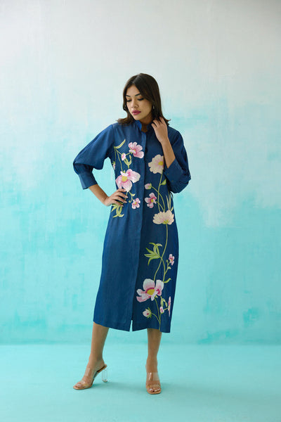 Denim Floral Embroidered Shirt Dress