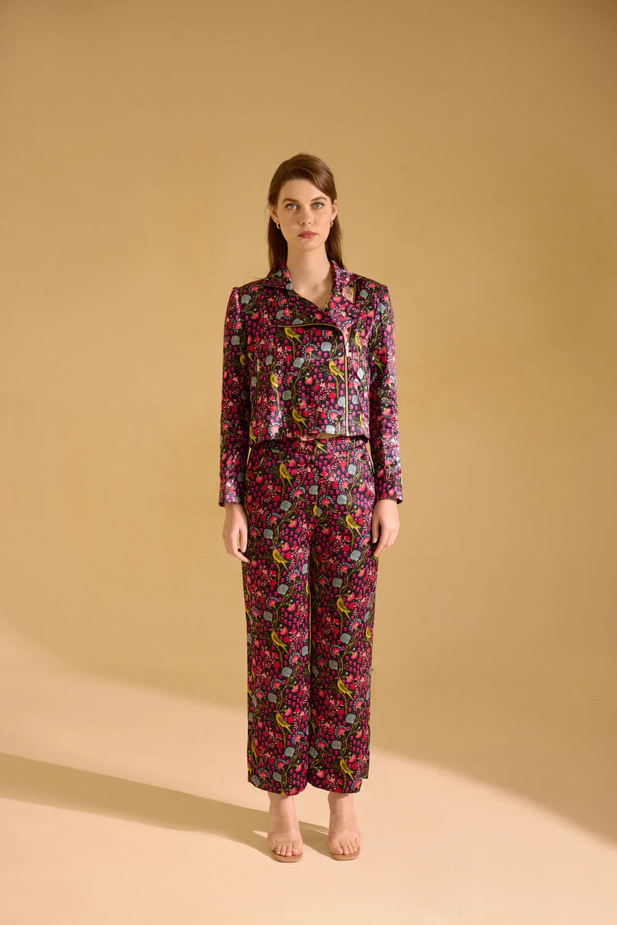 Black and White Parrot Print Biker Jacket & pants Set