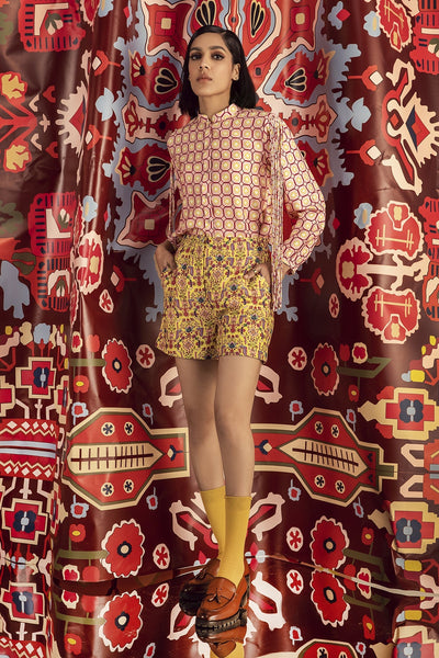 Tabriz yellow fitted blush pink shirt, print shorts and fringe jacket in organic cotton silk, BeTrue, Be True