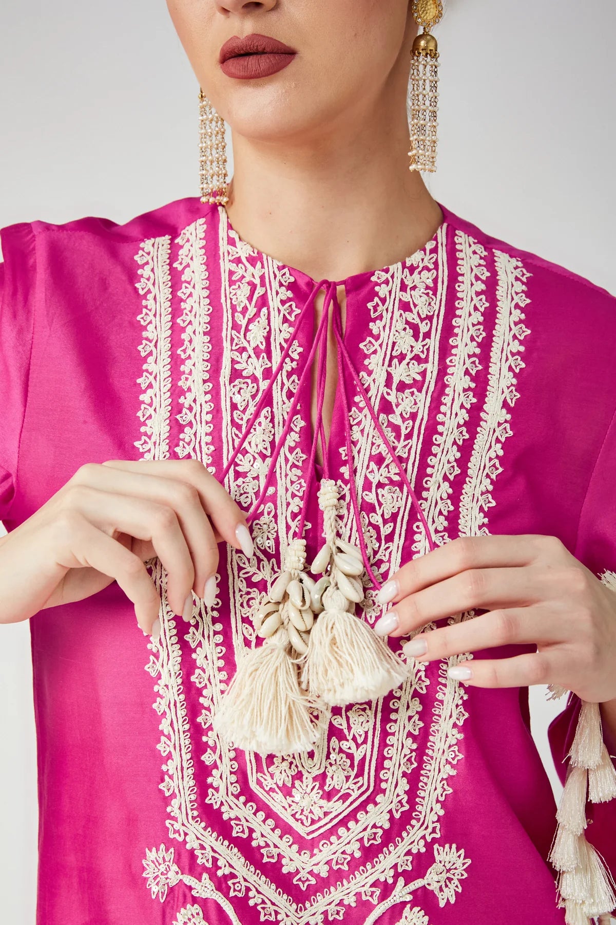 Rani Pink Chanderi Silk Embroidered Kurta Shirt & Pant Set
