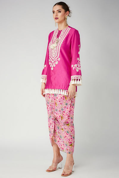 Rani pink Chanderi Silk Embroidered Kurta