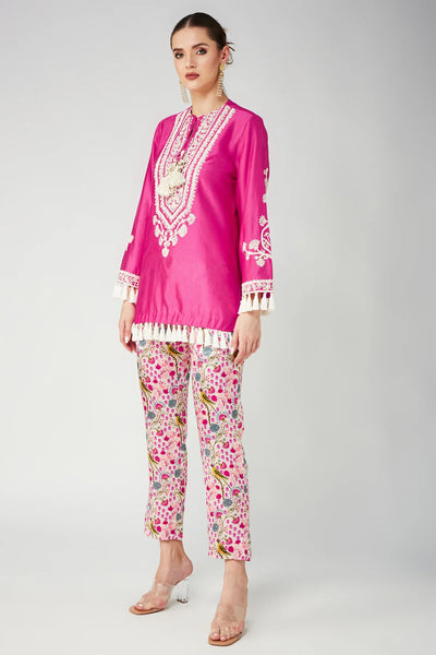 Rani Pink Chanderi Silk Embroidered Kurta Shirt & Pant Set