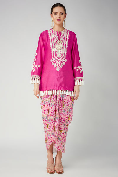 Rani pink Chanderi Silk Embroidered kurta and Pink Drape Skirt, Pink Parrot Print Georgette Drape, Skirt, Flared sleeves with tassels, Machine and Hand embroidered, Tassels details at sleeves, Pink Singnature Parrot Print, BeTrue, Be True