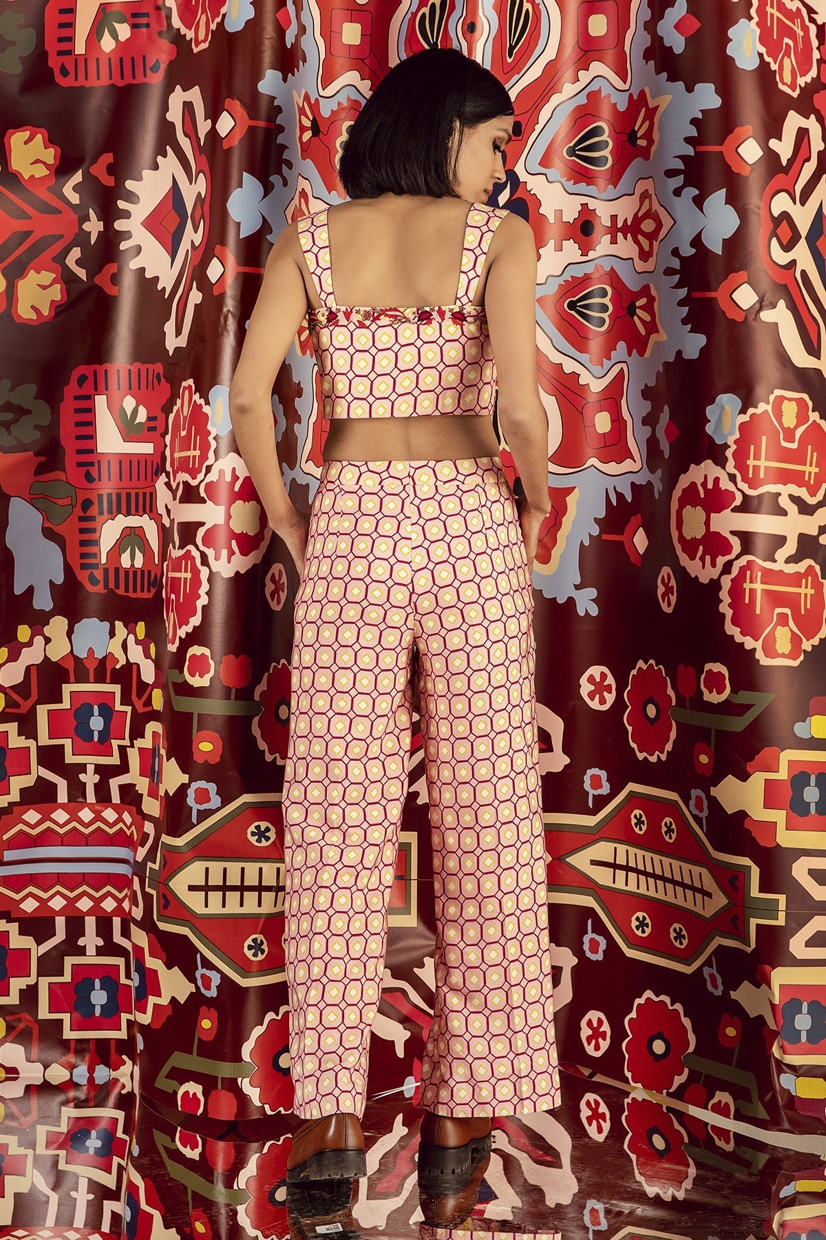 Blush Pink Mix Print Hand Embroidered Bustier, Blazer & Pants in Handloom Organic Cotton And Banana Silk, BeTrue, Be True