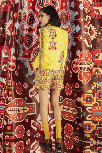 Tabriz yellow fitted blush pink shirt, print shorts and fringe jacket in organic cotton silk, BeTrue, Be True