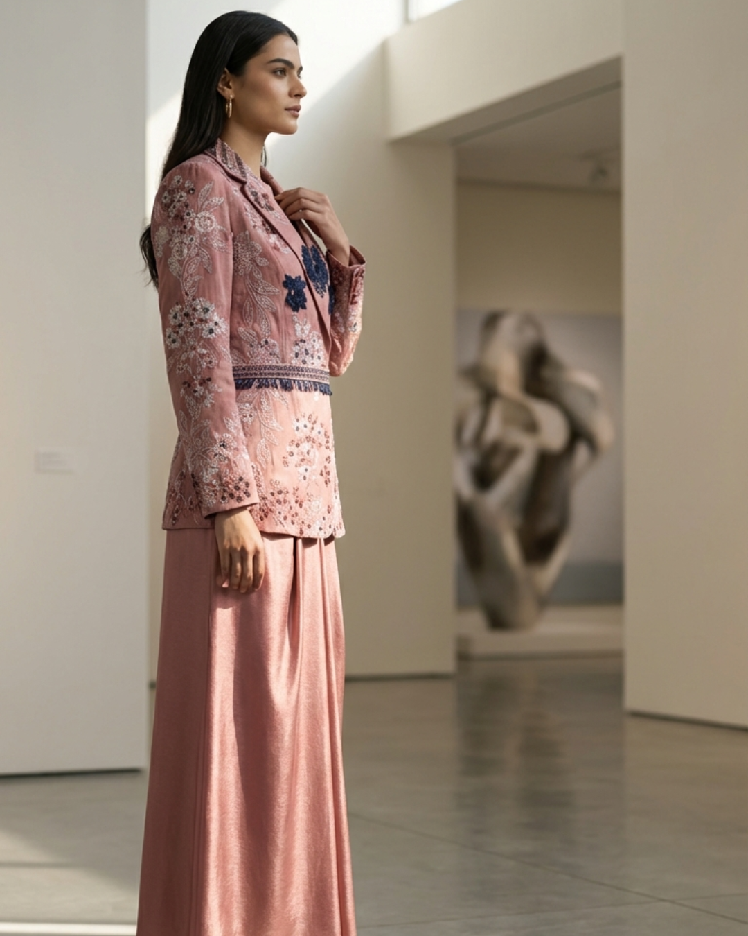 Dusky rose embroidered jacket set