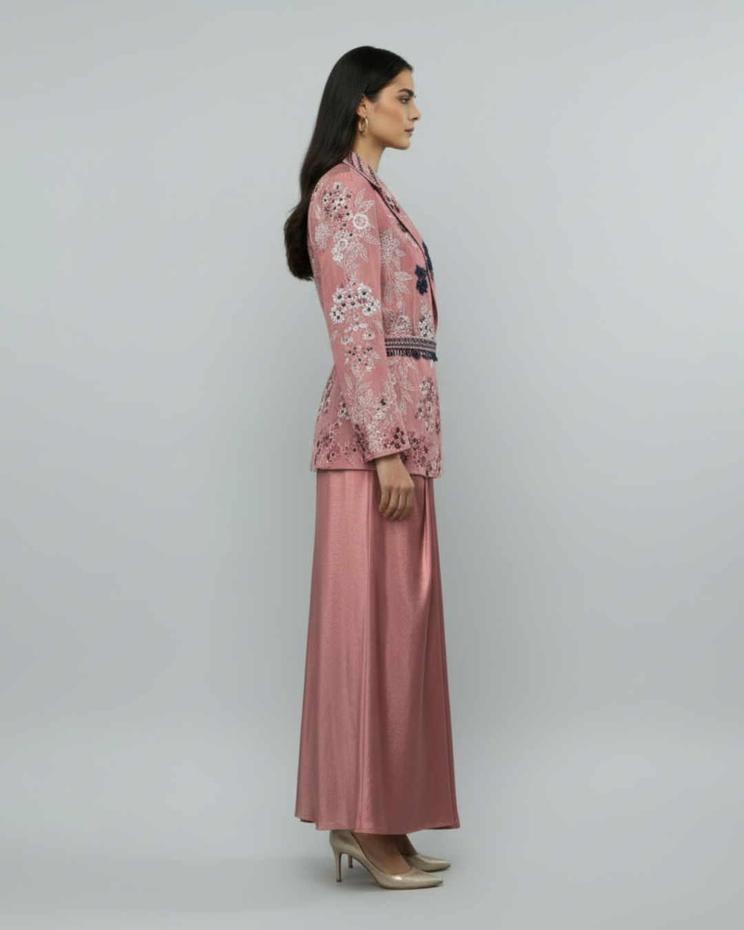 Dusky rose embroidered jacket set