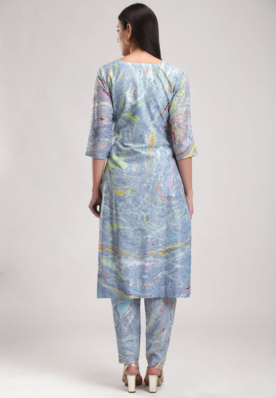 The Blue Inde Marble Tunic Set, silk organza dupatta for a festive touch, BeTrue, Be True