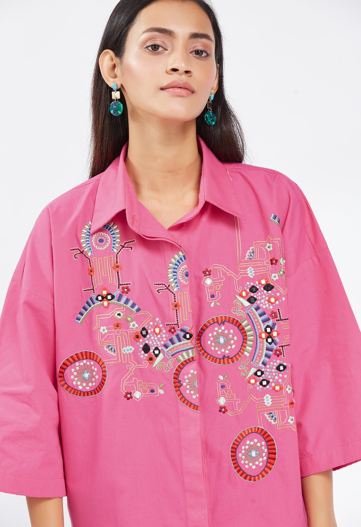 Pink Multi Colour Embroidered Shirt