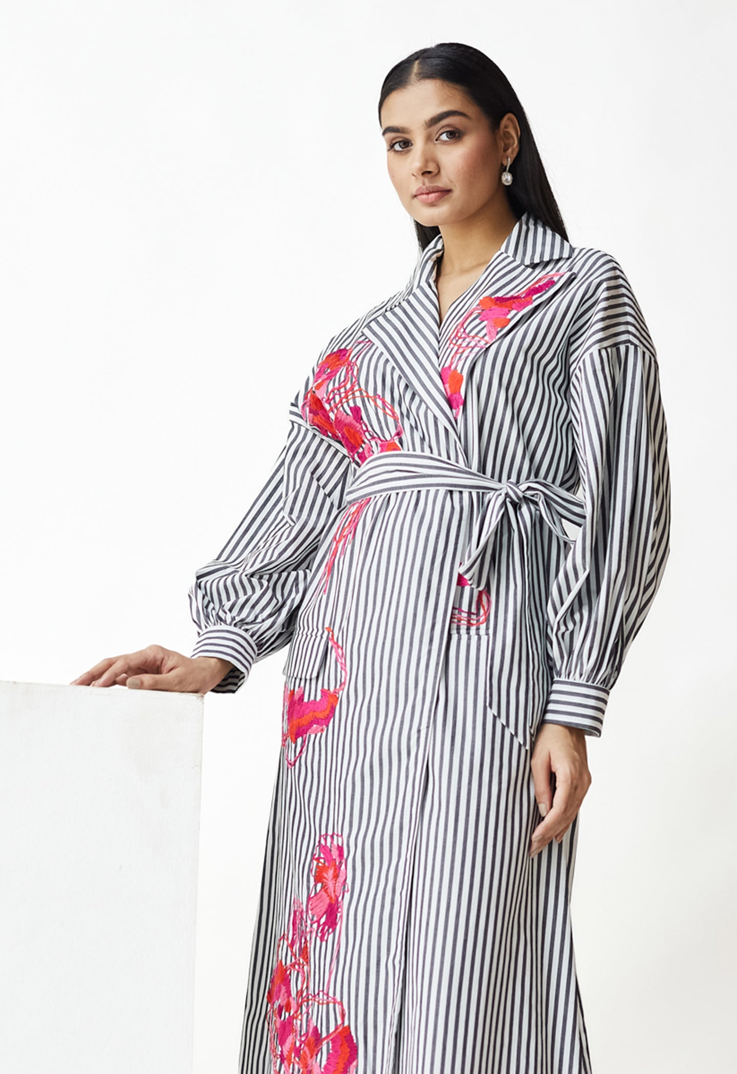 White & Black Stripe Embroidered Dress