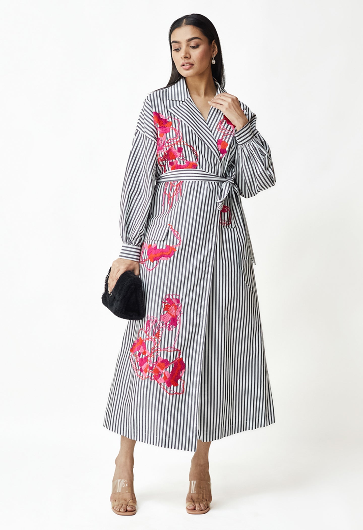 White & Black Stripe Embroidered Dress