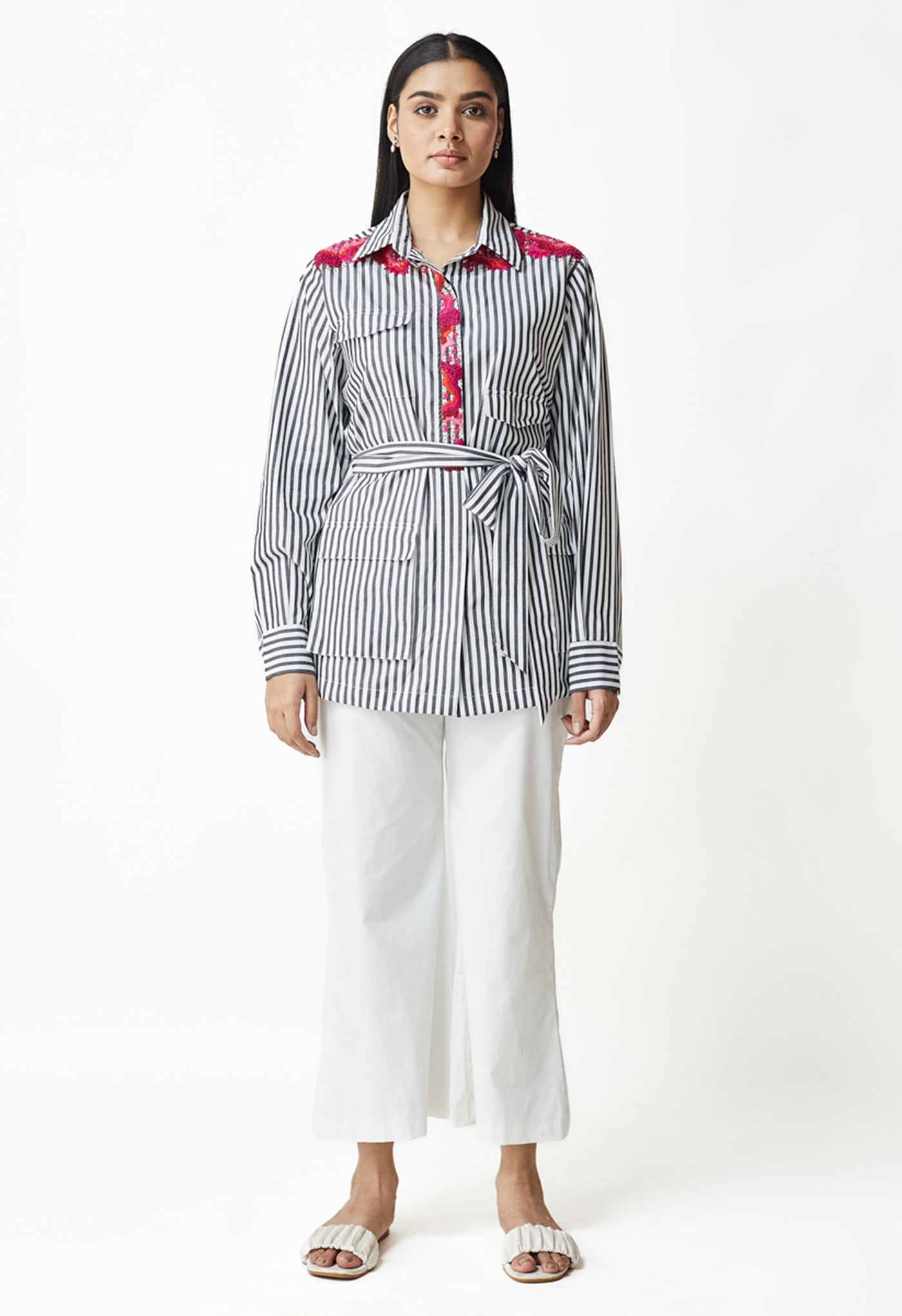 White & Black Stripe Embroidered Shirt