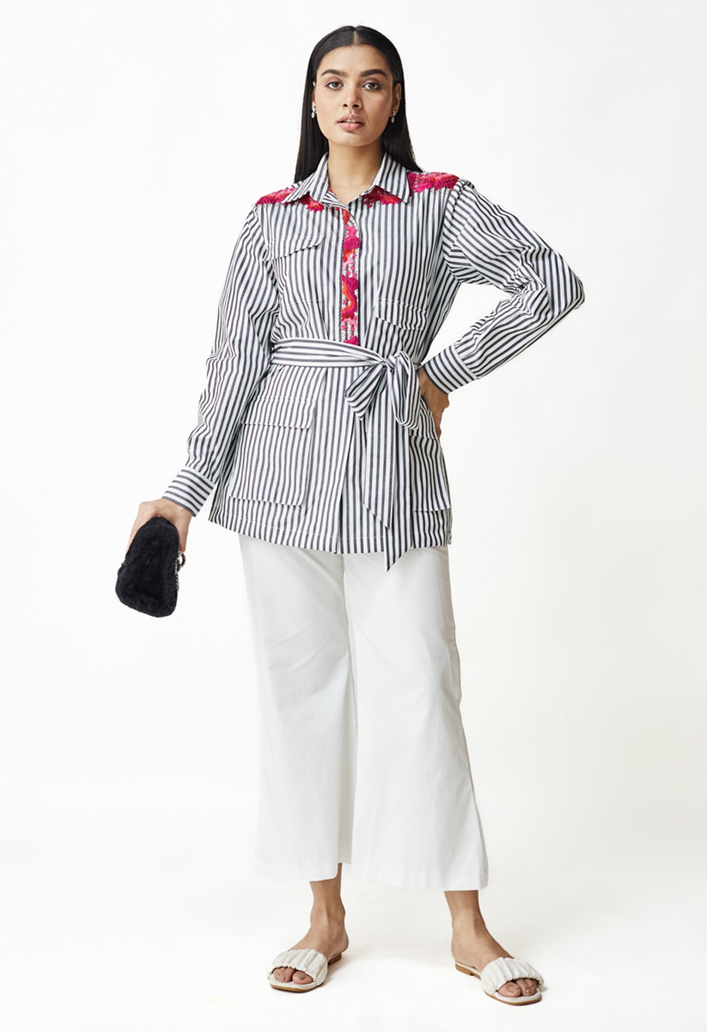 White & Black Stripe Embroidered Shirt