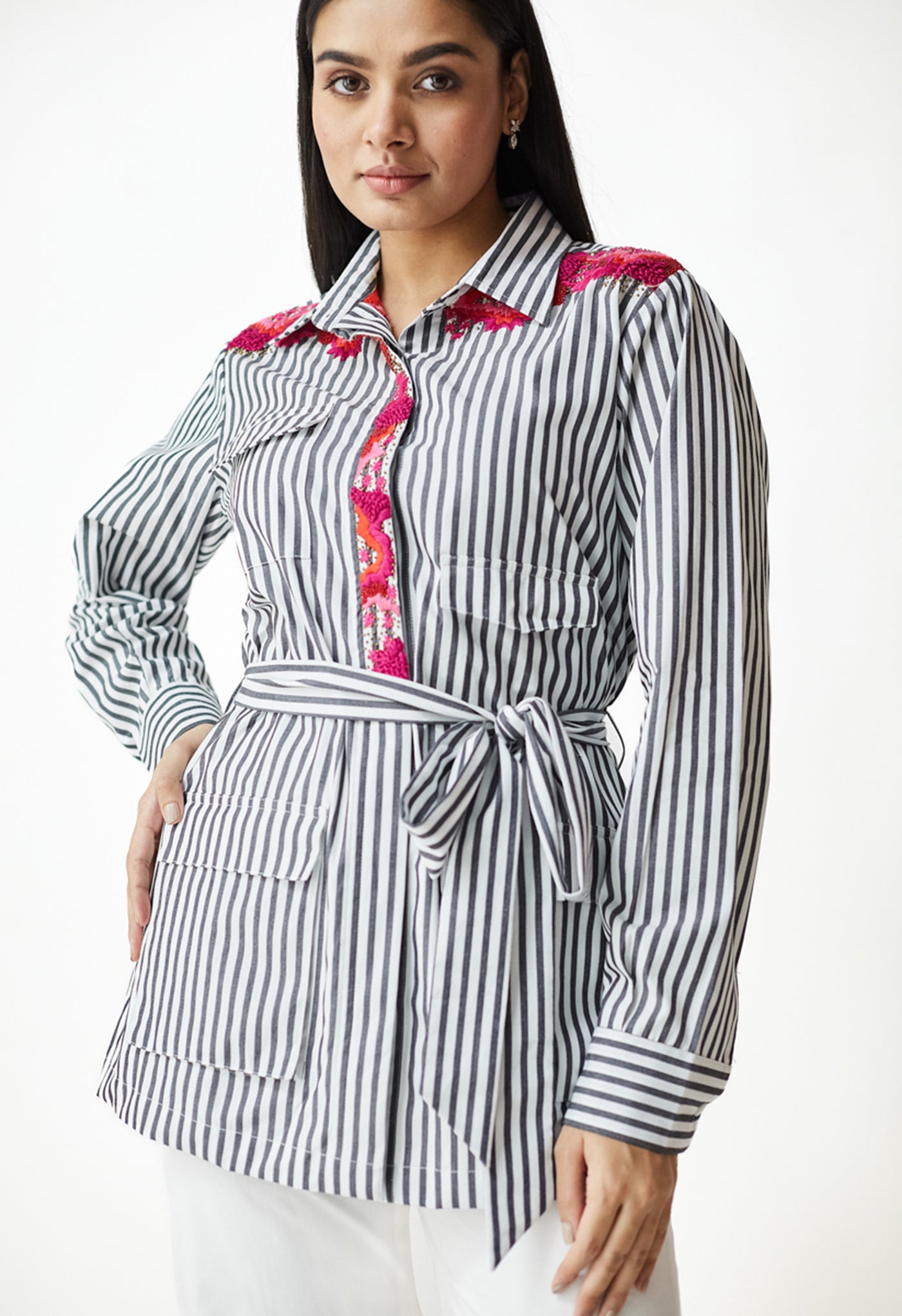 White & Black Stripe Embroidered Shirt