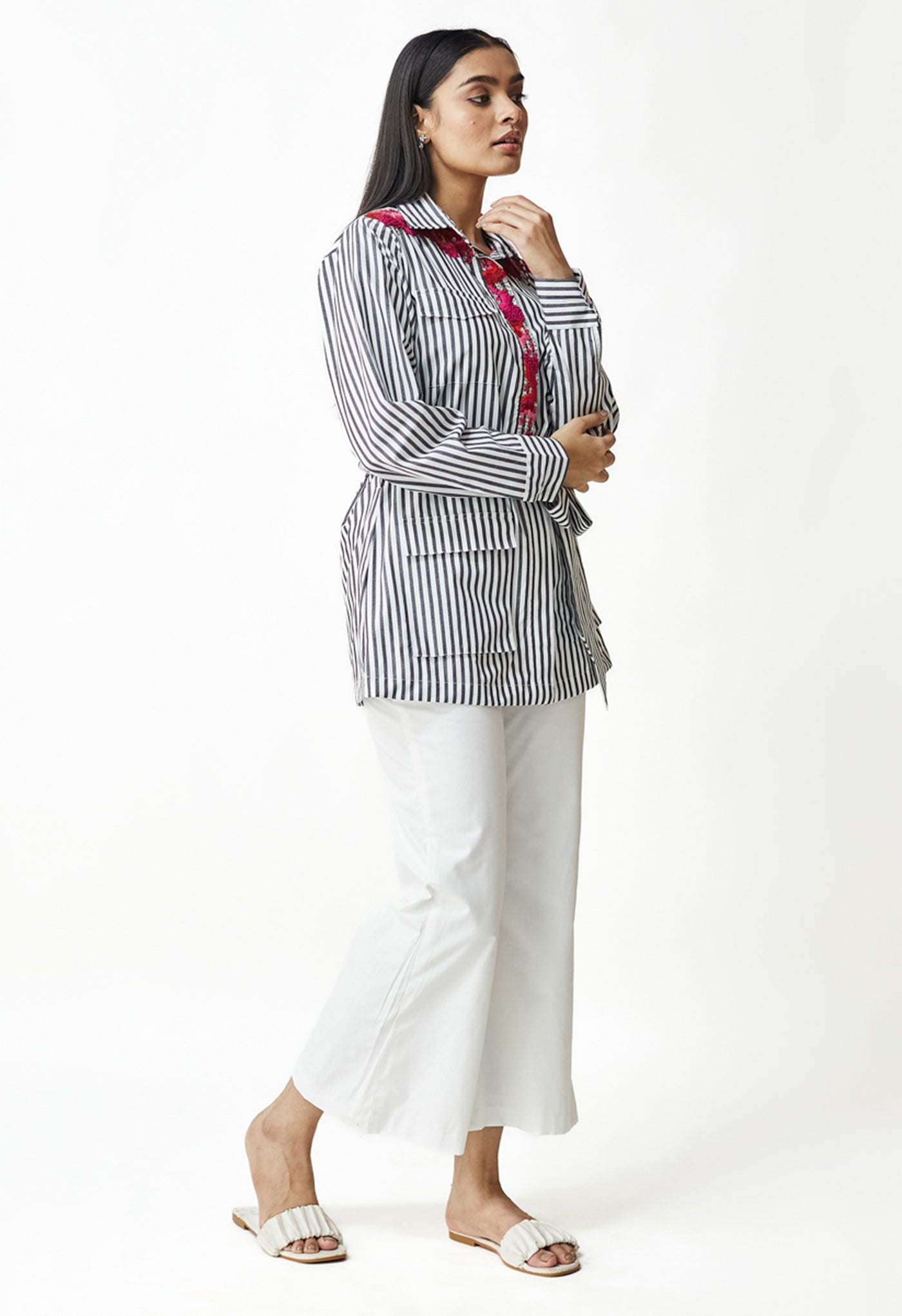 White & Black Stripe Embroidered Shirt