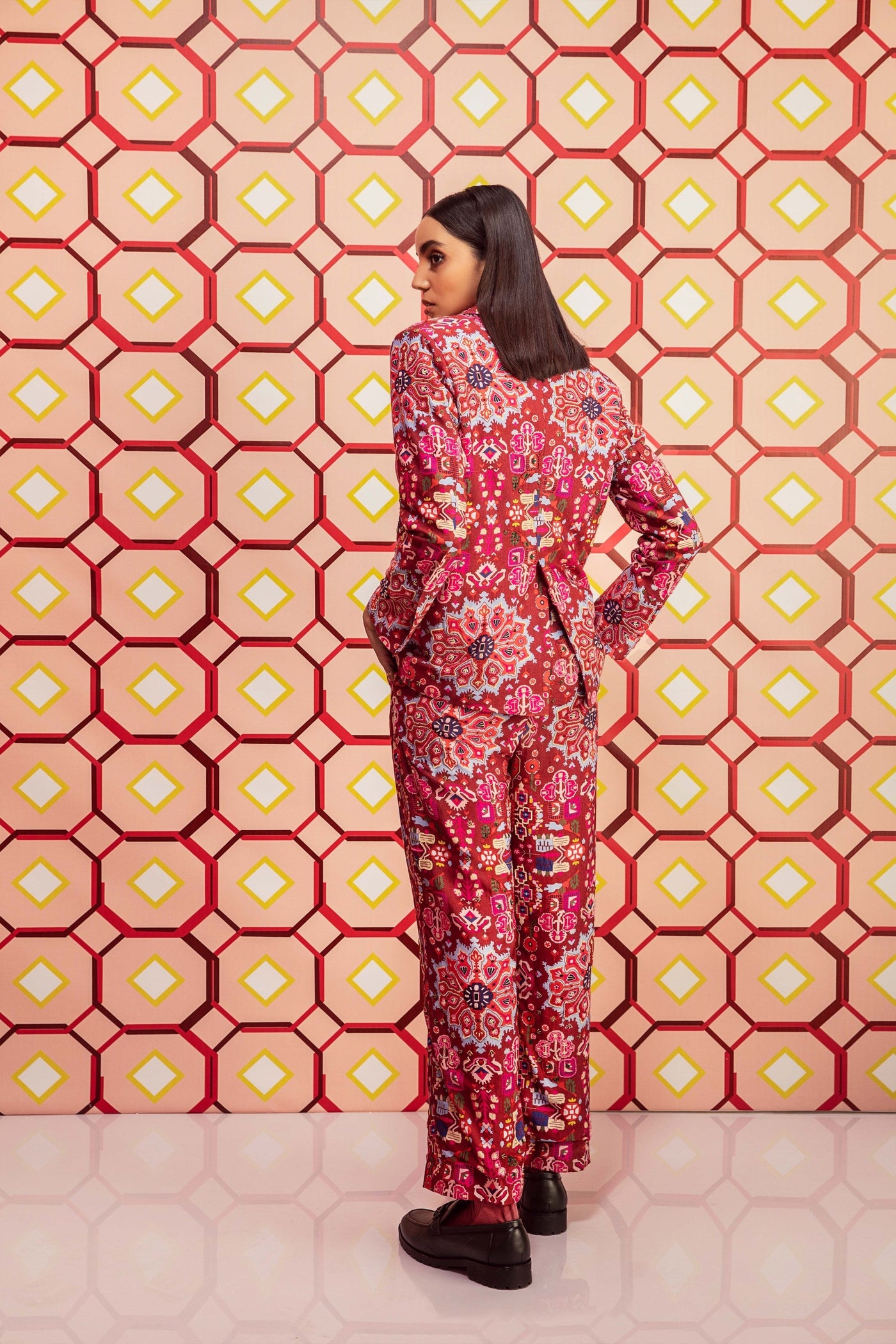 Kashan Red Print Hand Embroidered Classic Blazer & Pants in Handloom Organic Cotton Silk, BeTrue, Be True