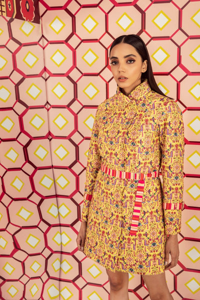 Tabriz Yellow Print Quilted Jacket Dress in Handloom Organic Cotton Silk, BeTrue, Be True