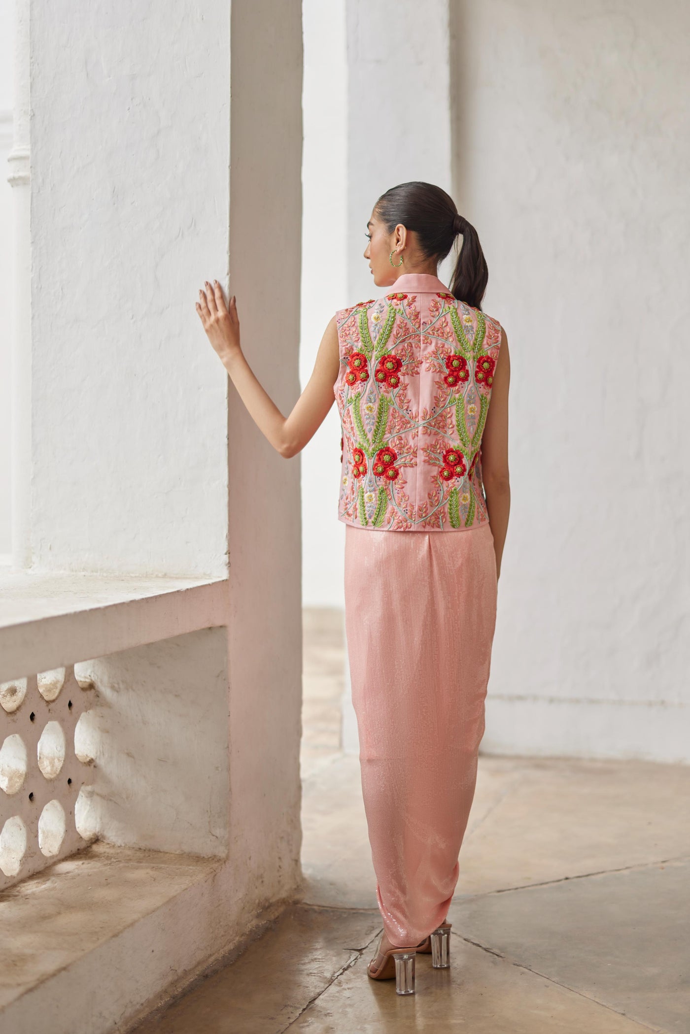 Peach Sequins Skirt & Waistcoat Set