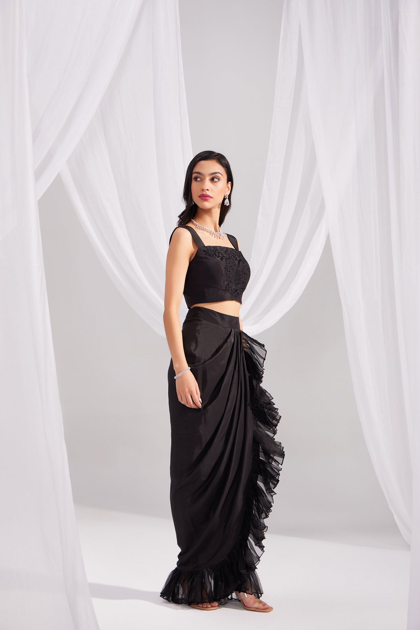 Black Embroidered Silk Bustier & Ruffle Draped Skirt Set