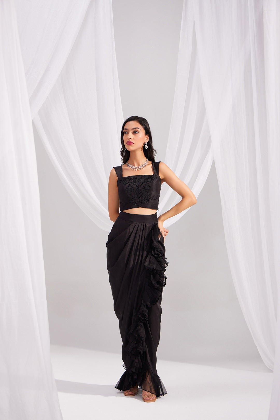 Black Embroidered Silk Bustier & Ruffle Draped Skirt Set