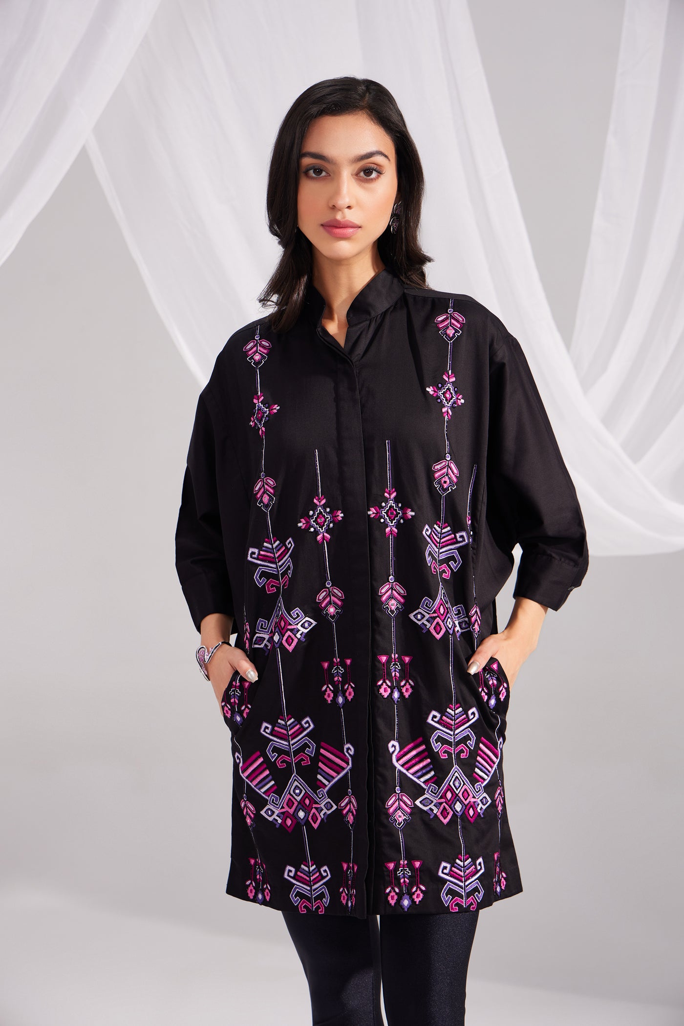 Black Cotton Embroidered Ornamental Shirt Dress