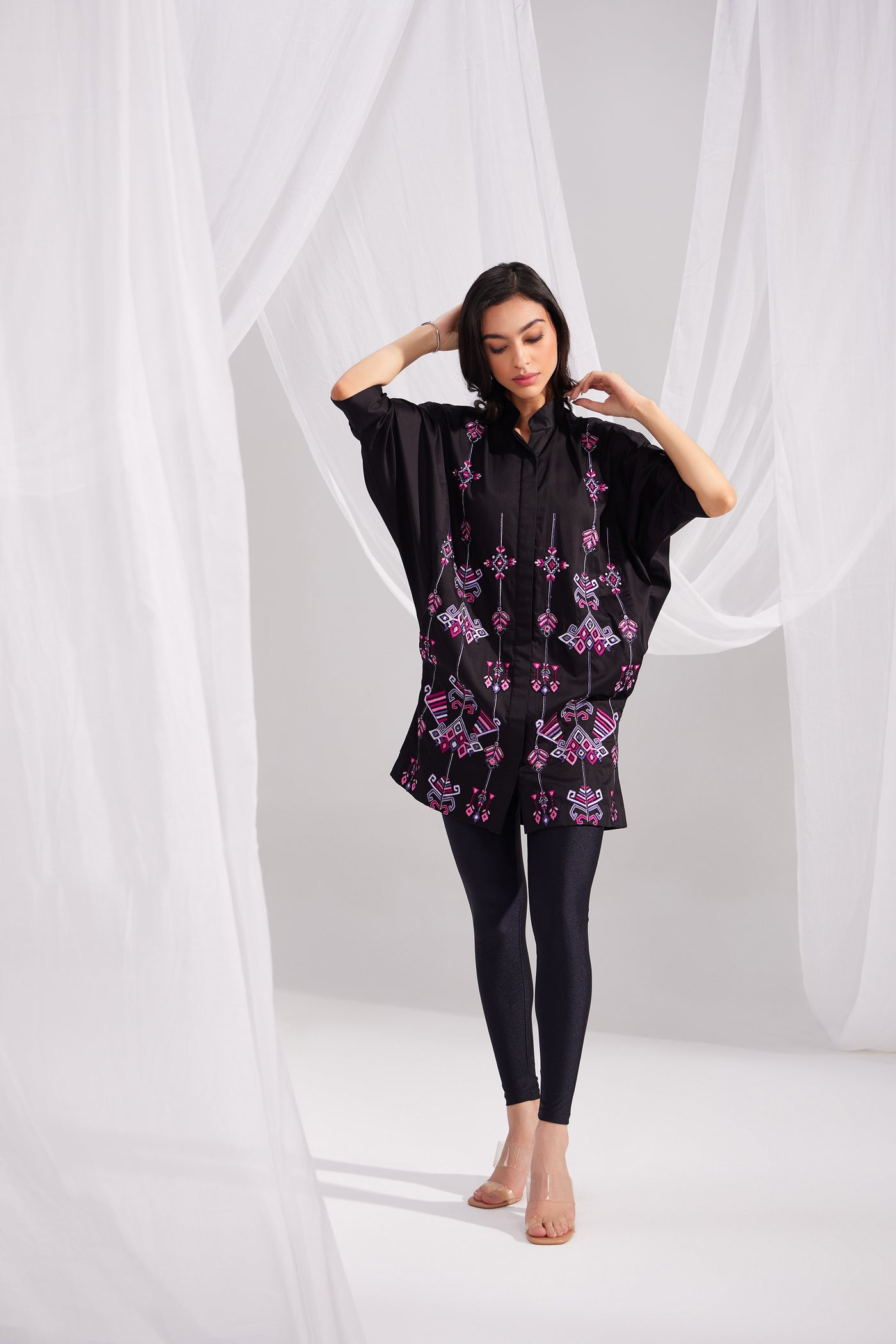 Black Cotton Embroidered Ornamental Shirt Dress