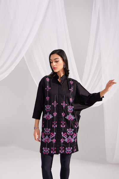 Black Cotton Embroidered Ornamental Shirt Dress