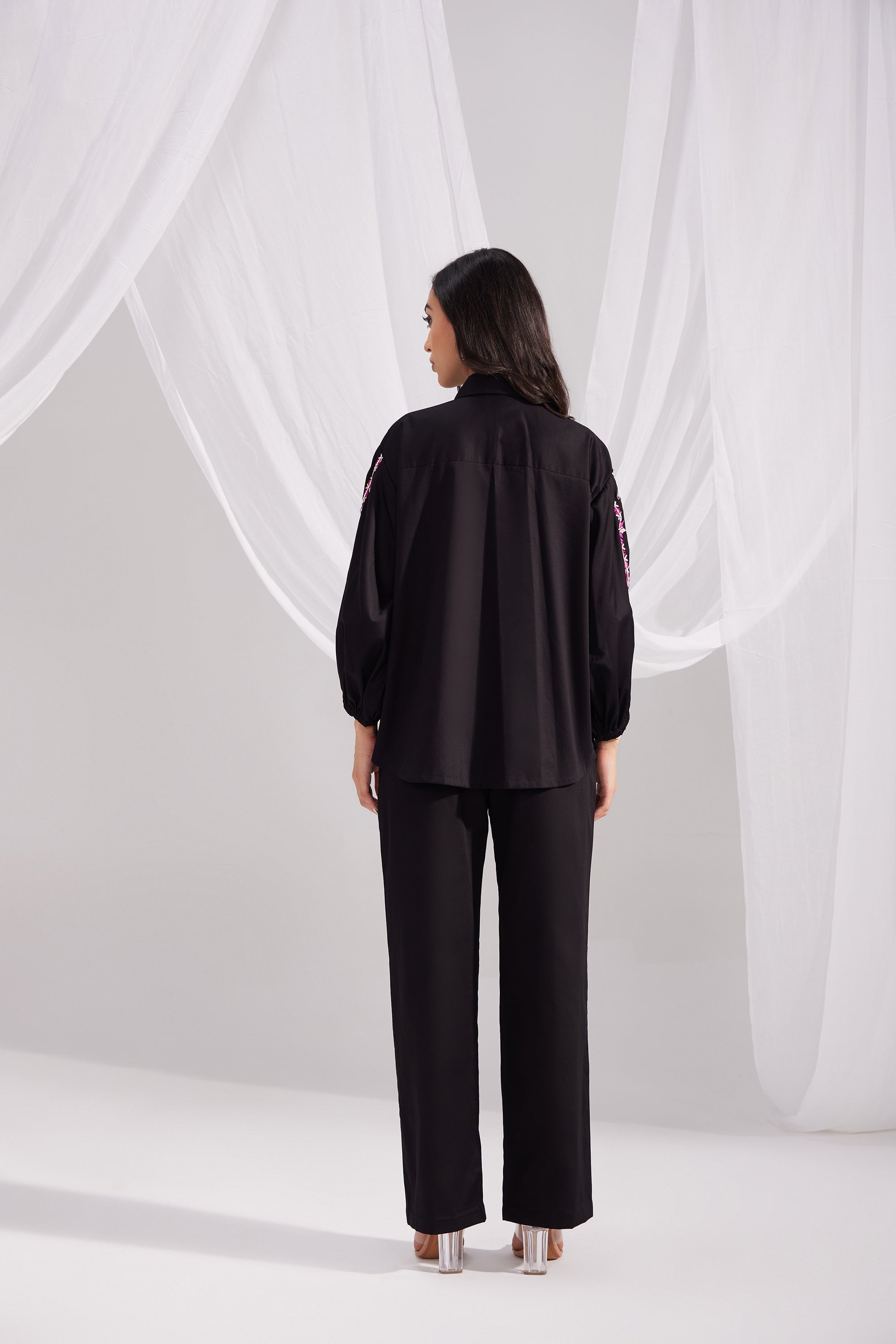 Black Embroidered Artist Shirt & Cotton Satin Straight Pant Set