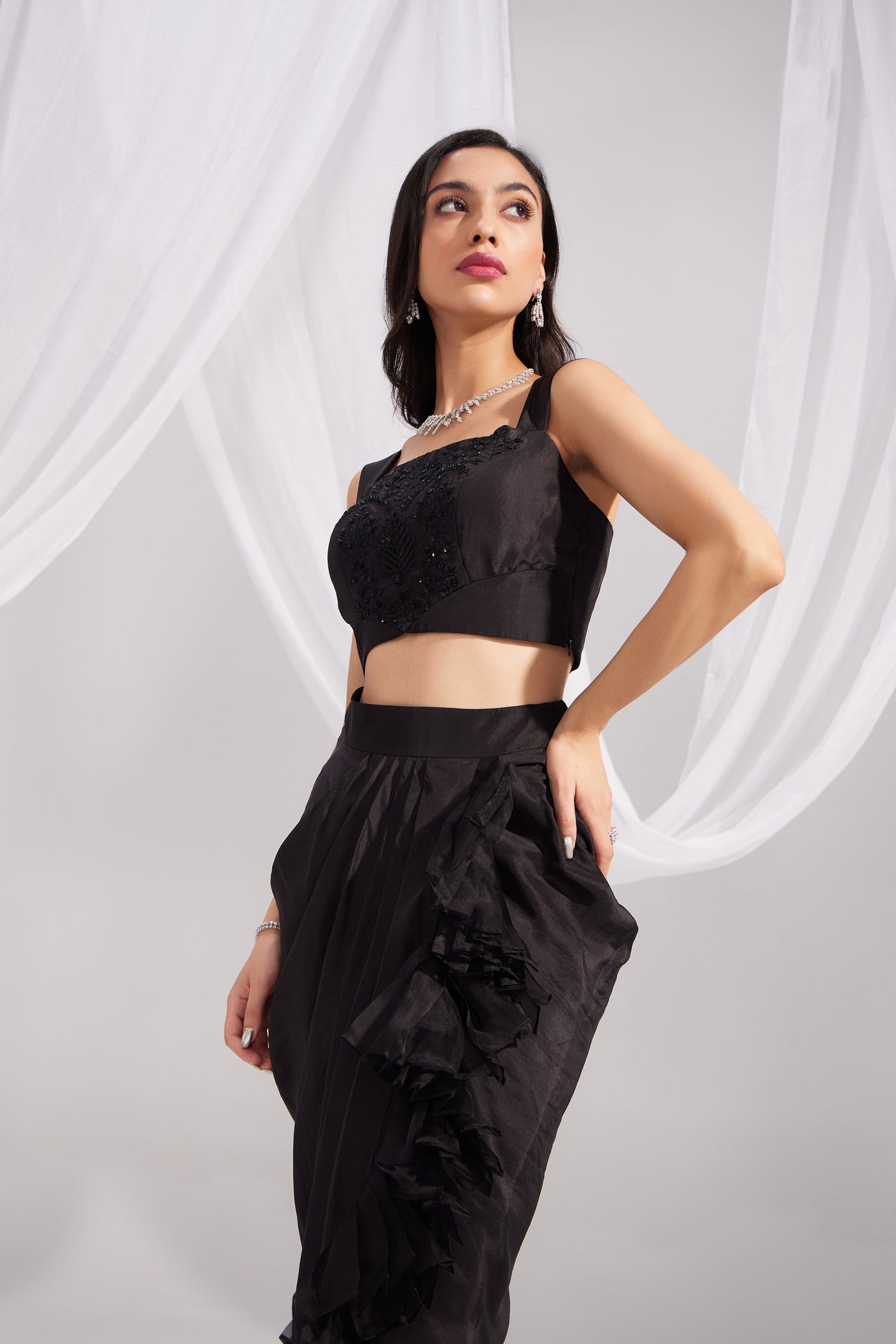 Black Embroidered Silk Bustier & Ruffle Draped Skirt Set