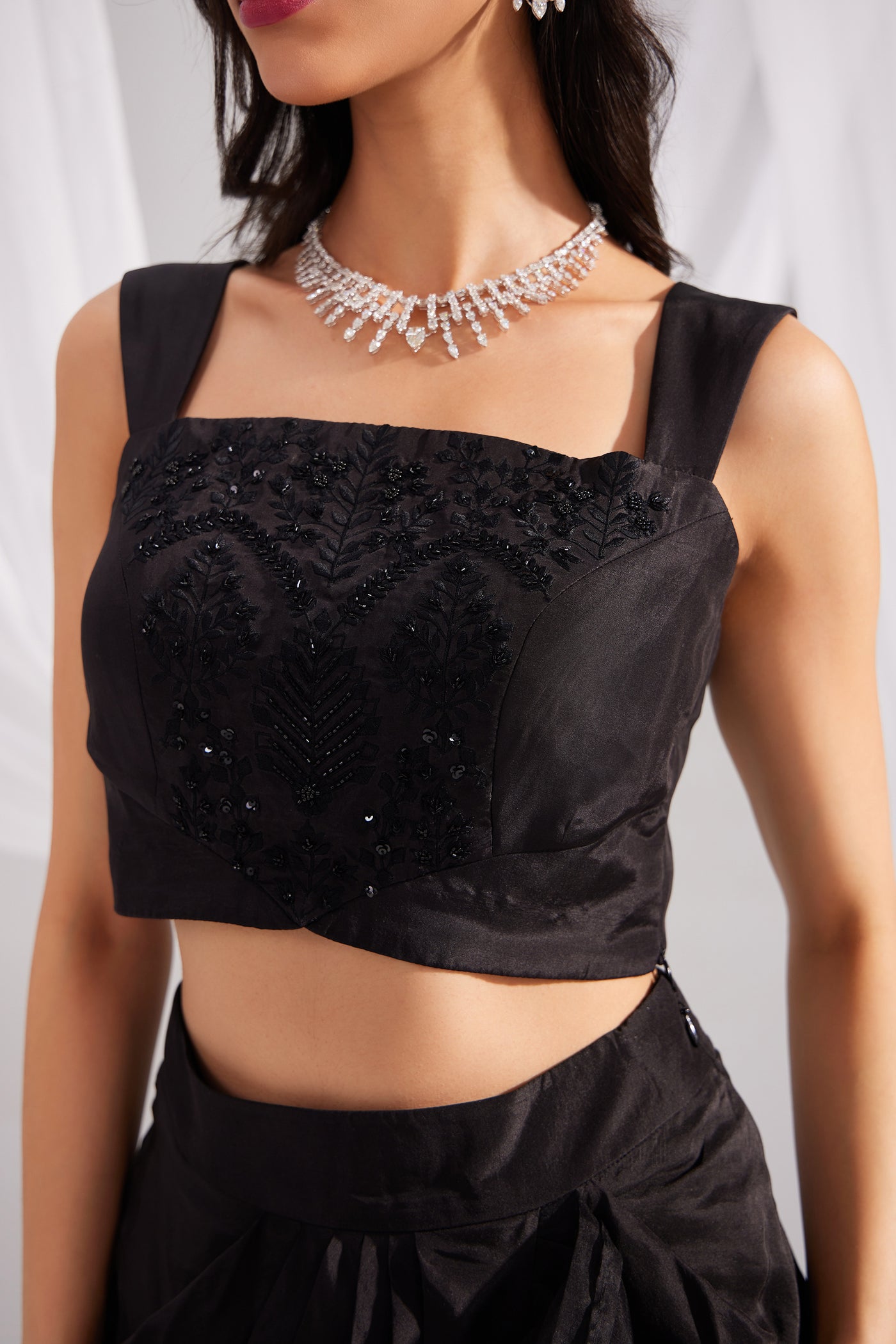 Black Embroidered Silk Bustier & Ruffle Draped Skirt Set