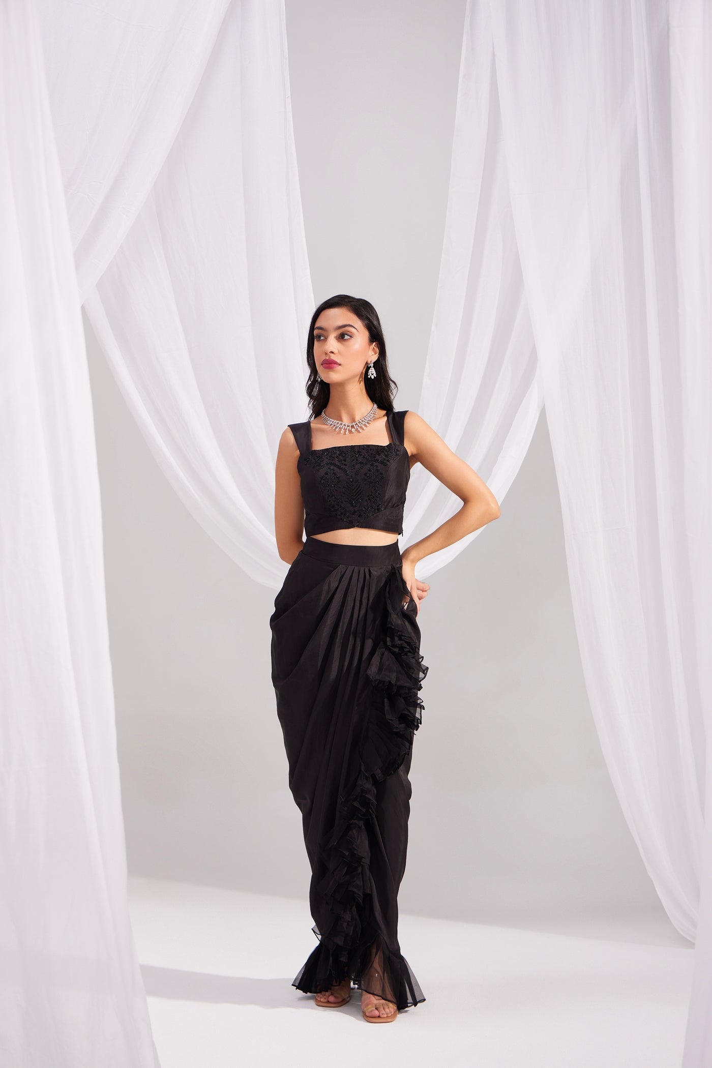 Black Silk Ruffle Draped Skirt