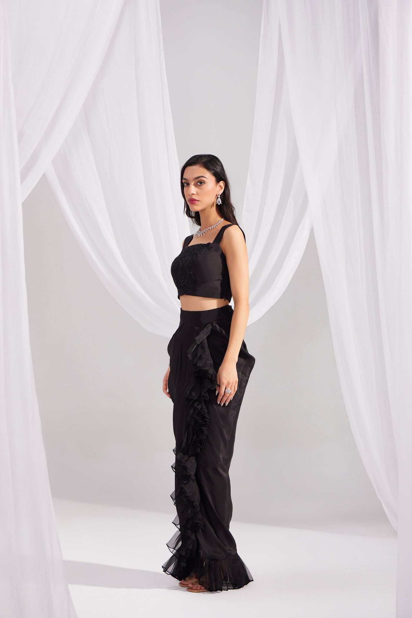 Black Silk Ruffle Draped Skirt