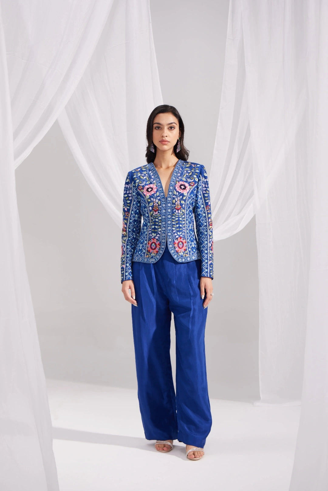 Royal Blue Embroidered Silk Jacket & Pleated Pant Set