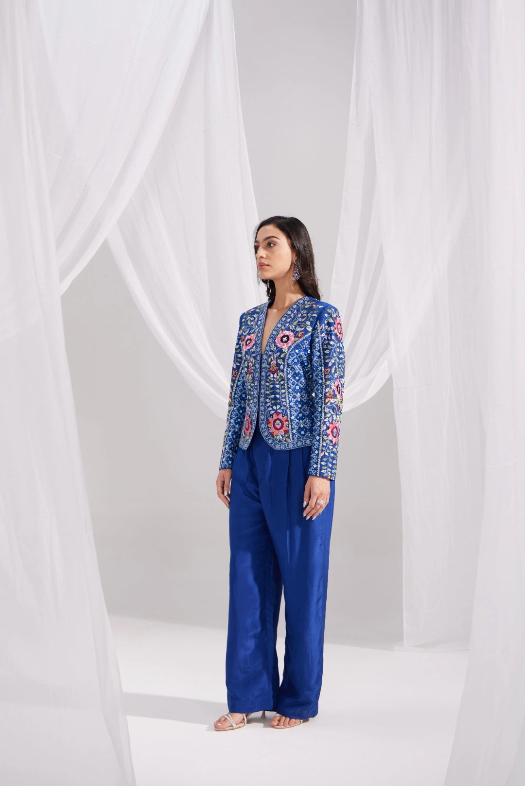 Royal Blue Gardenia Short Embroidered Silk Jacket Set