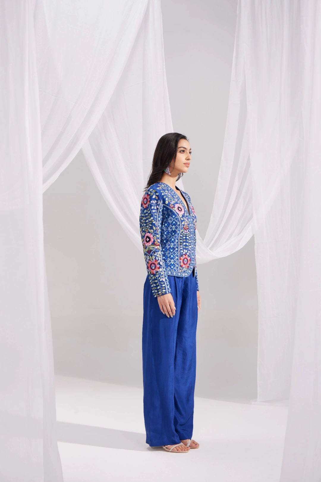 Royal Blue Embroidered Silk Jacket & Pleated Pant Set