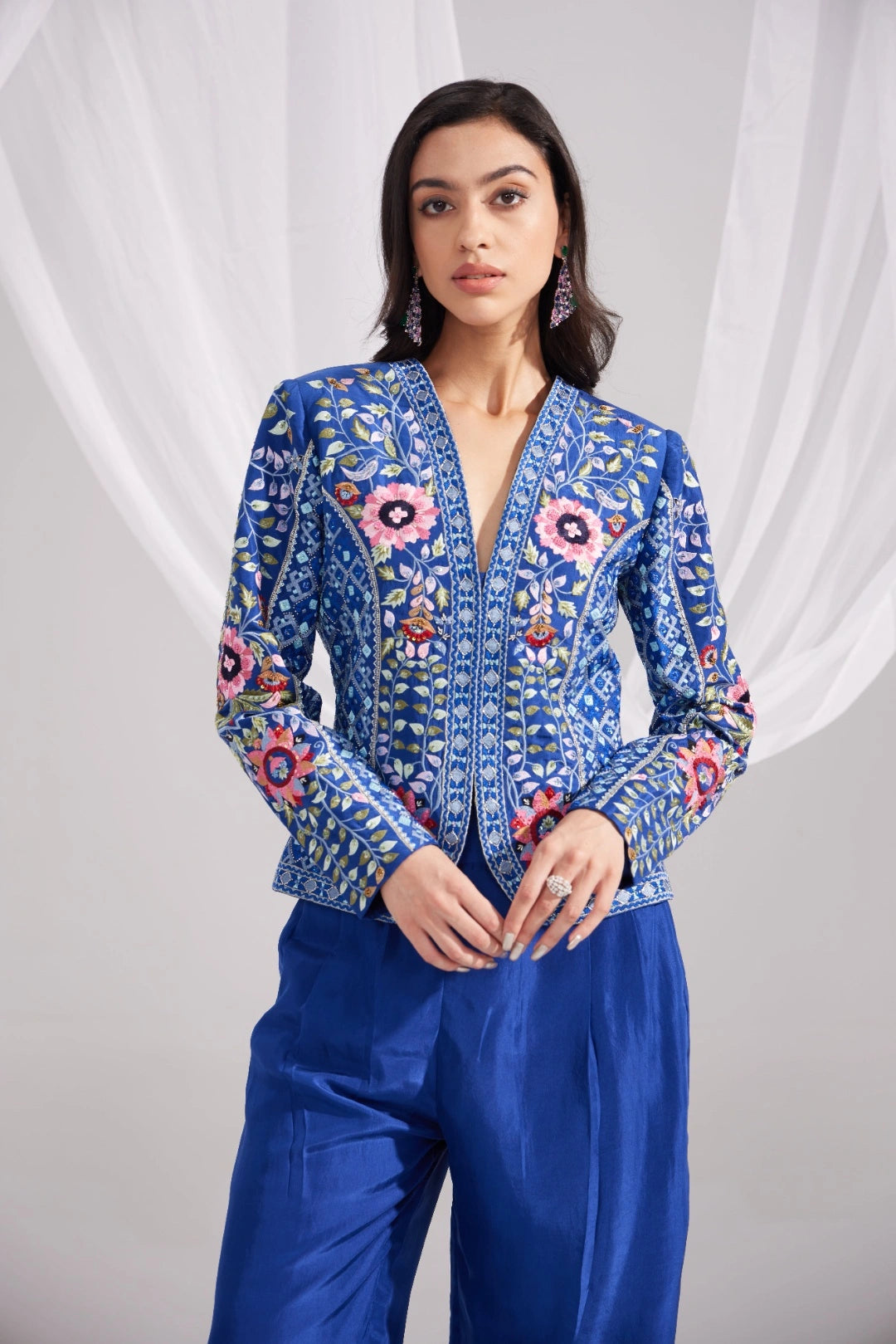 Royal Blue Gardenia Short Embroidered Silk Jacket Set