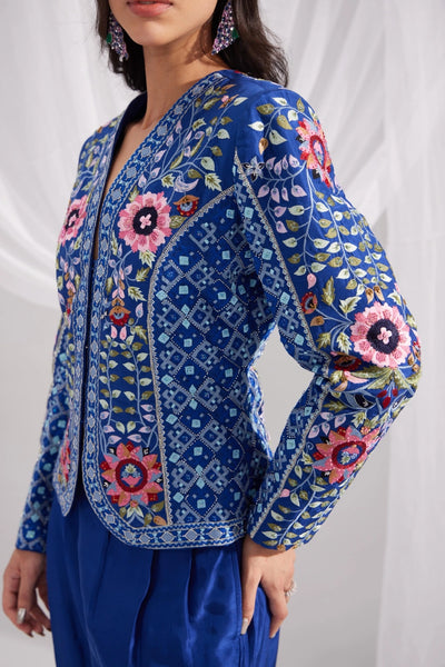 Royal Blue Embroidered Silk Jacket & Pleated Pant Set